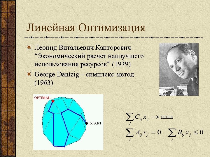 Линейная Оптимизация Леонид Витальевич Канторович “Экономический расчет наилучшего использования ресурсов” (1939) George Dantzig –