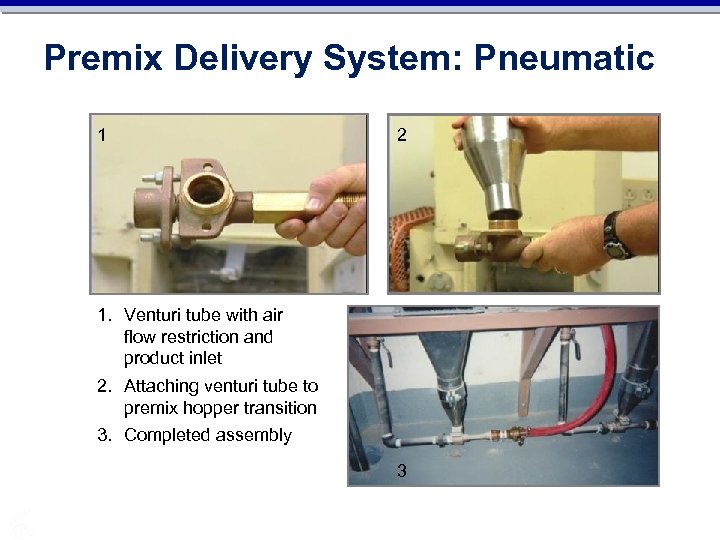 Premix Delivery System: Pneumatic 1 2 1. Venturi tube with air flow restriction and