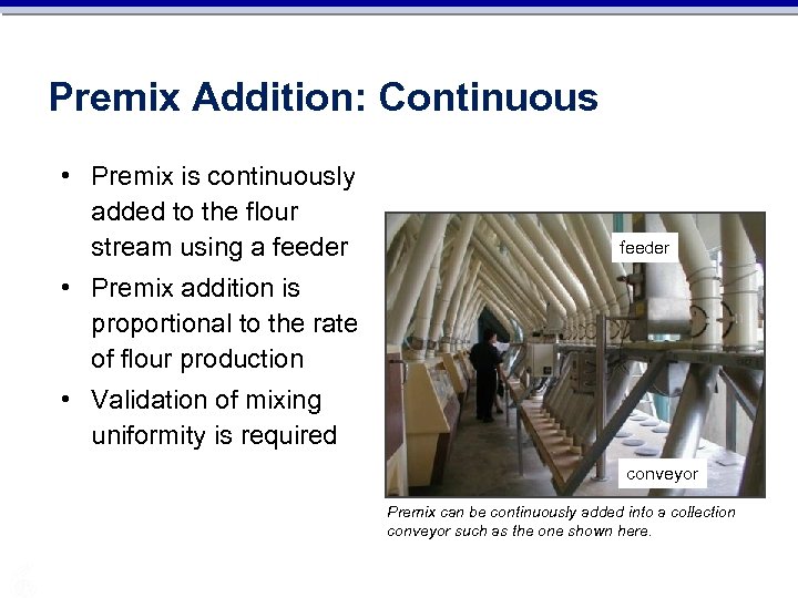 Premix Addition: Continuous • Premix is continuously added to the flour stream using a