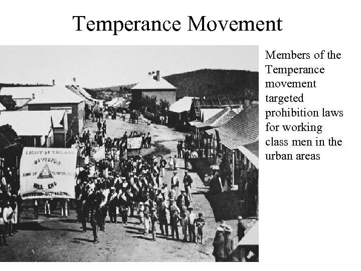 Temperance Movement Members of the Temperance movement targeted prohibition laws for working class men