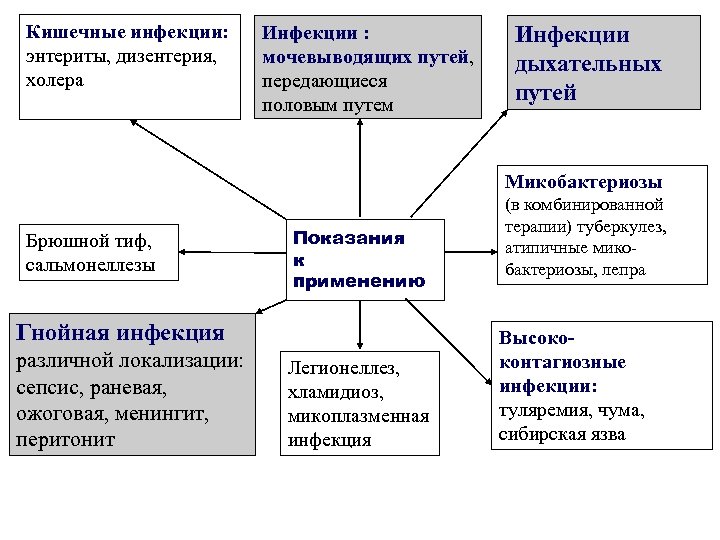 Кишечные инфекции: энтериты, дизентерия, холера Инфекции : мочевыводящих путей, передающиеся половым путем Инфекции дыхательных