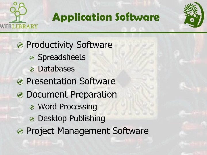 Application Software ³ Productivity Software ³ Spreadsheets ³ Databases ³ Presentation Software ³ Document