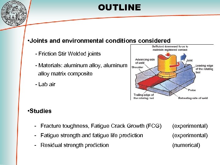 OUTLINE • Joints and environmental conditions considered - Friction Stir Welded joints - Materials: