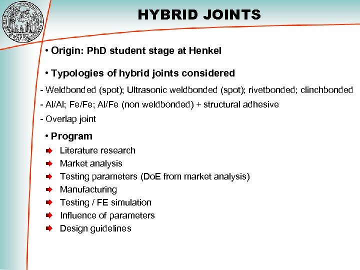 HYBRID JOINTS • Origin: Ph. D student stage at Henkel • Typologies of hybrid