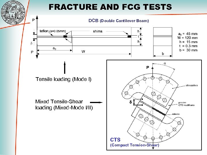 FRACTURE AND FCG TESTS DCB (Double Cantilever Beam) P Tensile loading (Mode I) Mixed