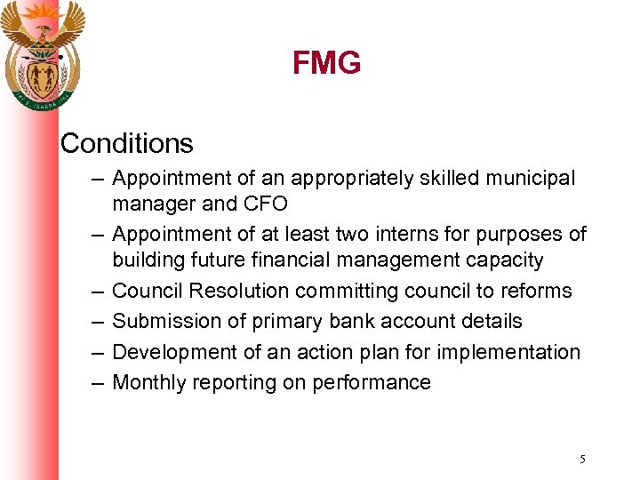 FMG Conditions – Appointment of an appropriately skilled municipal manager and CFO – Appointment