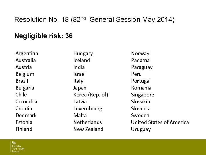 Resolution No. 18 (82 nd General Session May 2014) Negligible risk: 36 Argentina Australia