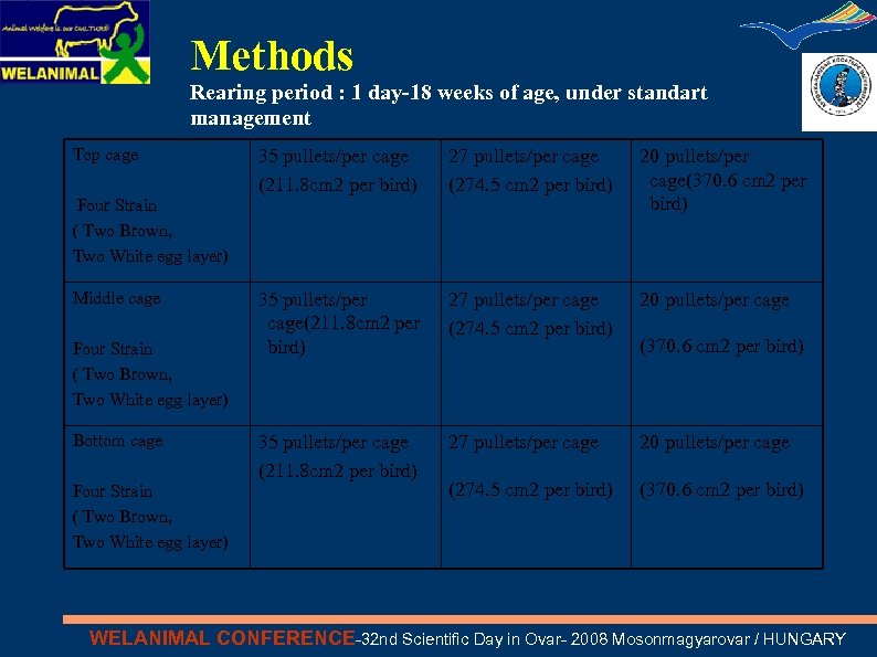 Methods Rearing period : 1 day-18 weeks of age, under standart management Top cage