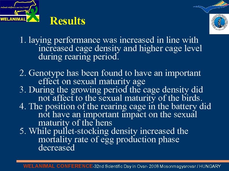 Results 1. laying performance was increased in line with increased cage density and higher