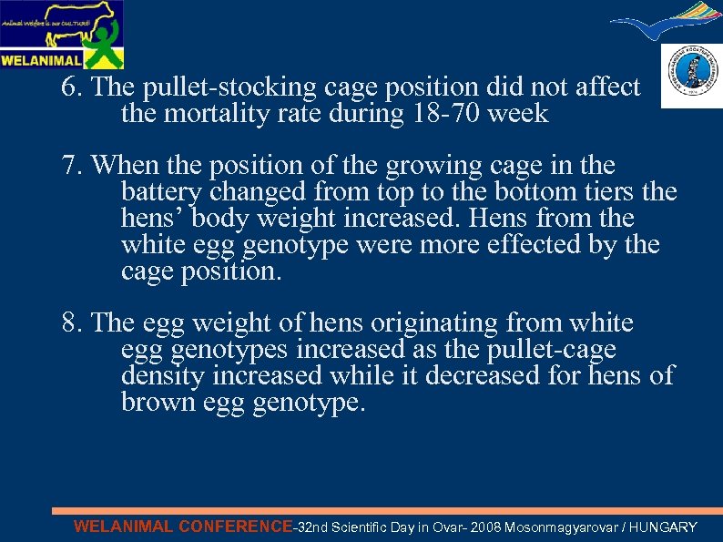 6. The pullet-stocking cage position did not affect the mortality rate during 18 -70