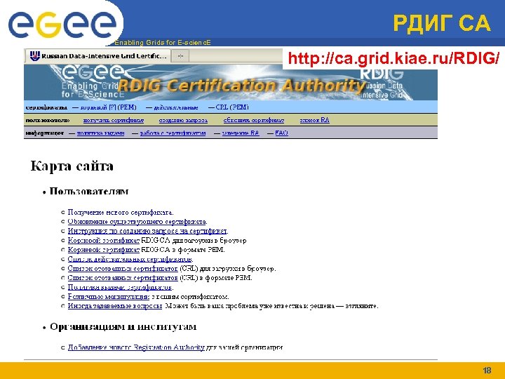 РДИГ CA Enabling Grids for E-scienc. E http: //ca. grid. kiae. ru/RDIG/ 18 