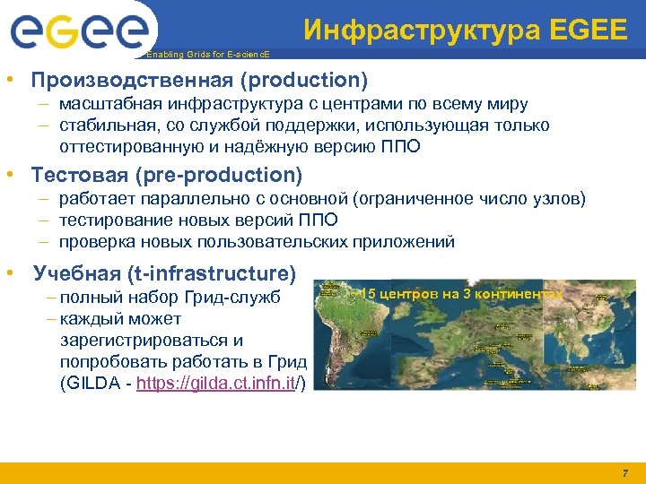 Инфраструктура EGEE Enabling Grids for E-scienc. E • Производственная (production) – масштабная инфраструктура с