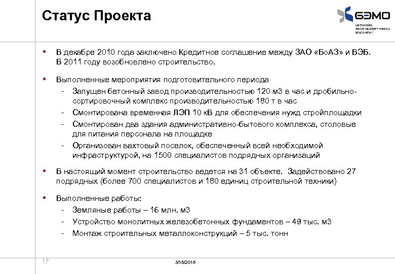 Статус Проекта • В декабре 2010 года заключено Кредитное соглашение между ЗАО «Бо. АЗ»