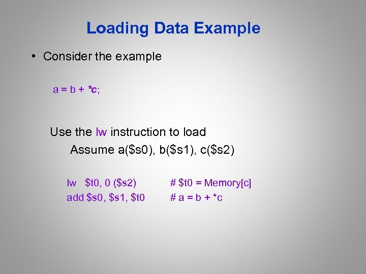 Loading Data Example • Consider the example a = b + *c; Use the