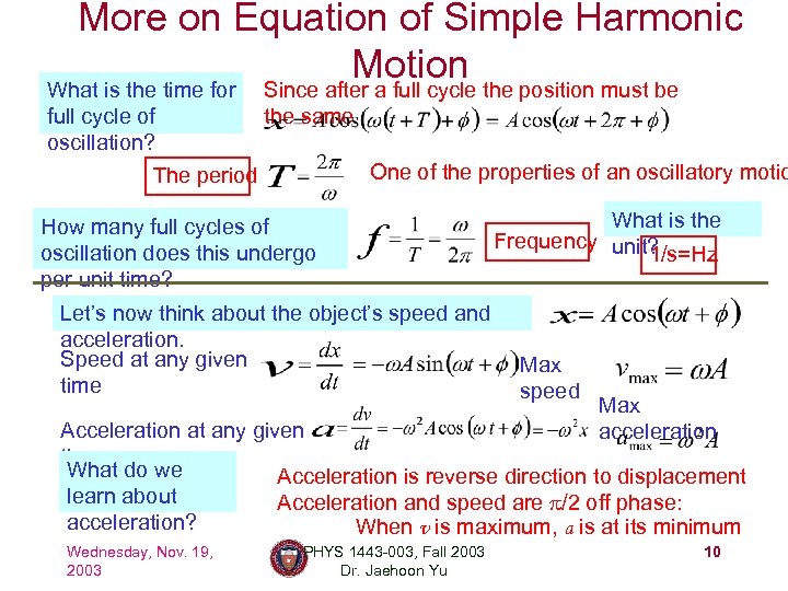 More on Equation of Simple Harmonic Motion What is the time for full cycle