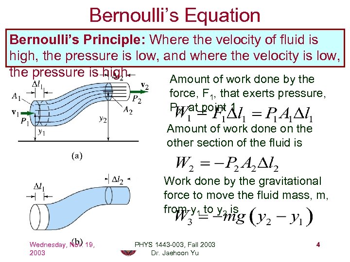 Bernoulli’s Equation Bernoulli’s Principle: Where the velocity of fluid is high, the pressure is