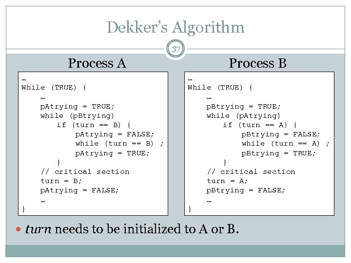 Dekker’s Algorithm 37 Process A … While (TRUE) { … p. Atrying = TRUE;