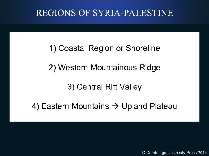 REGIONS OF SYRIA-PALESTINE 1) Coastal Region or Shoreline 2) Western Mountainous Ridge 3) Central