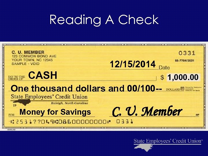 Reading A Check 12/15/2014 CASH 1, 000. 00 One thousand dollars and 00/100 -Money