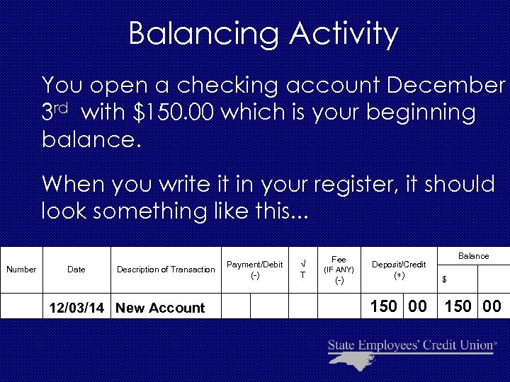 Balancing Activity You open a checking account December 3 rd with $150. 00 which