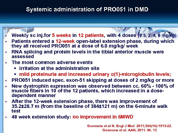 Systemic administration of PRO 051 in DMD § § § § Weekly sc inj.