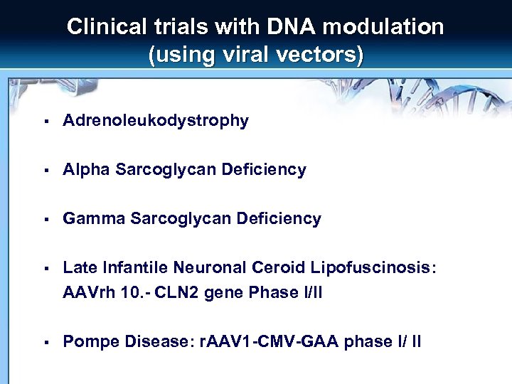 Clinical trials with DNA modulation (using viral vectors) § Adrenoleukodystrophy § Alpha Sarcoglycan Deficiency