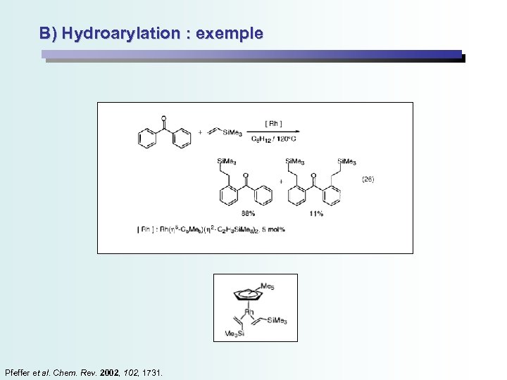 B) Hydroarylation : exemple Pfeffer et al. Chem. Rev. 2002, 1731. 