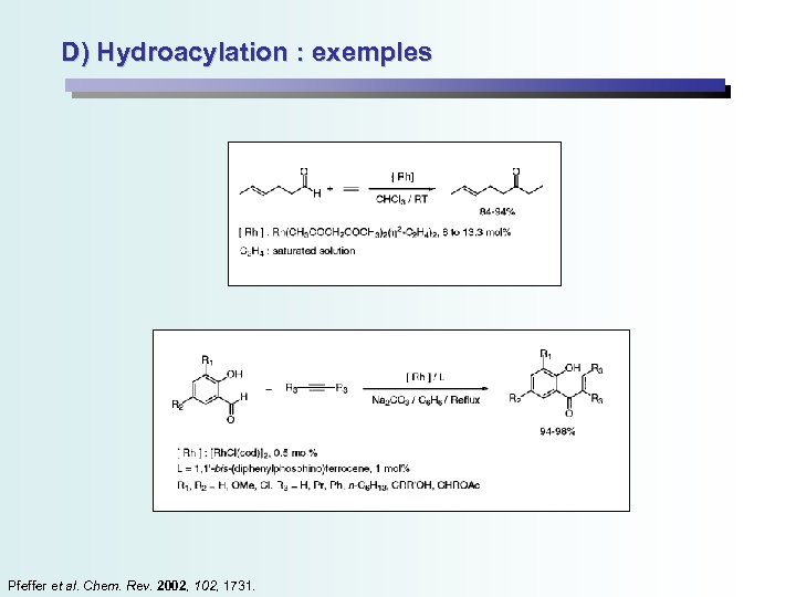 D) Hydroacylation : exemples Pfeffer et al. Chem. Rev. 2002, 1731. 