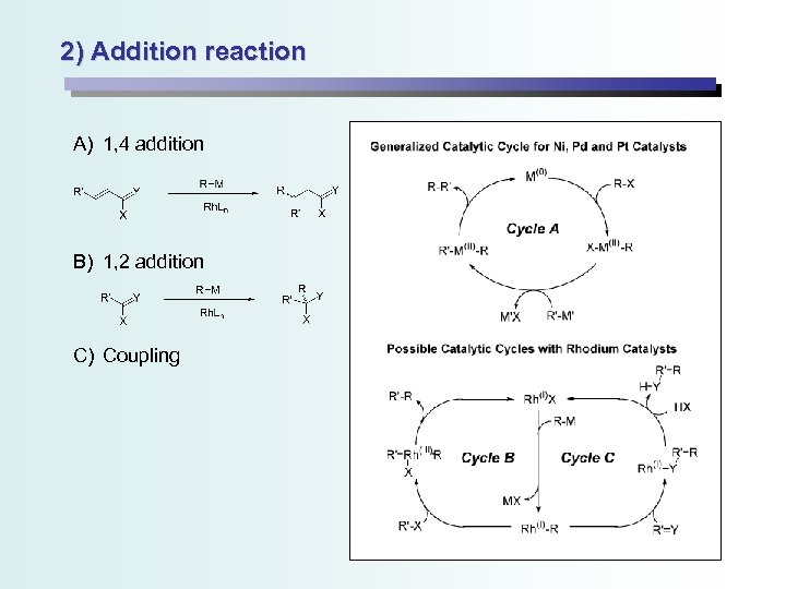 2) Addition reaction A) 1, 4 addition B) 1, 2 addition C) Coupling 