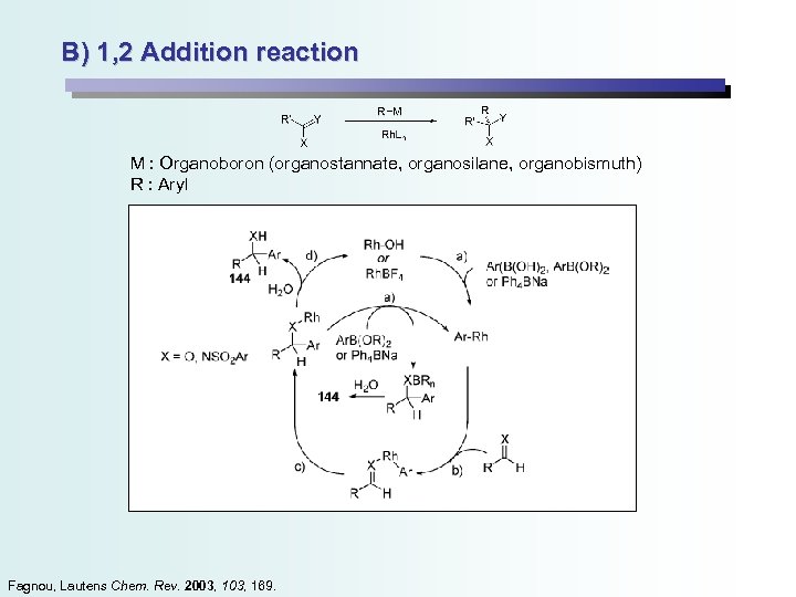 B) 1, 2 Addition reaction M : Organoboron (organostannate, organosilane, organobismuth) R : Aryl