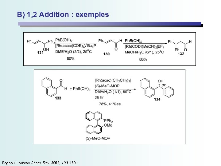 B) 1, 2 Addition : exemples Fagnou, Lautens Chem. Rev. 2003, 169. 