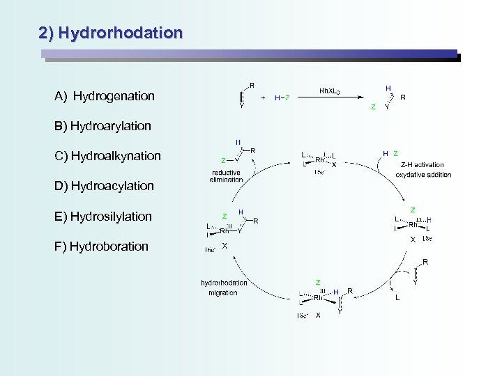 2) Hydrorhodation A) Hydrogenation B) Hydroarylation C) Hydroalkynation D) Hydroacylation E) Hydrosilylation F) Hydroboration