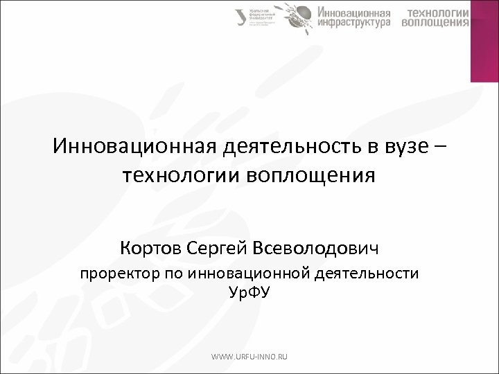 Инновационная деятельность в вузе – технологии воплощения Кортов Сергей Всеволодович проректор по инновационной деятельности