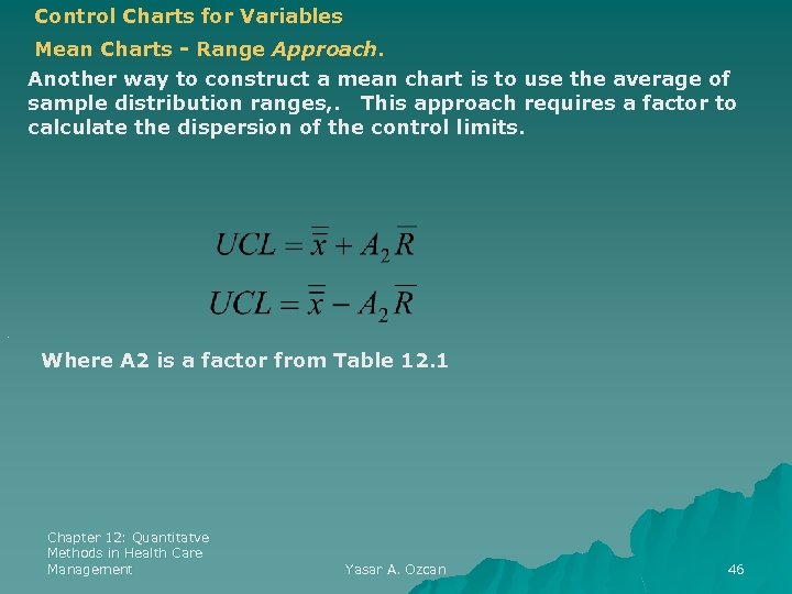 Control Charts for Variables Mean Charts - Range Approach. Another way to construct a