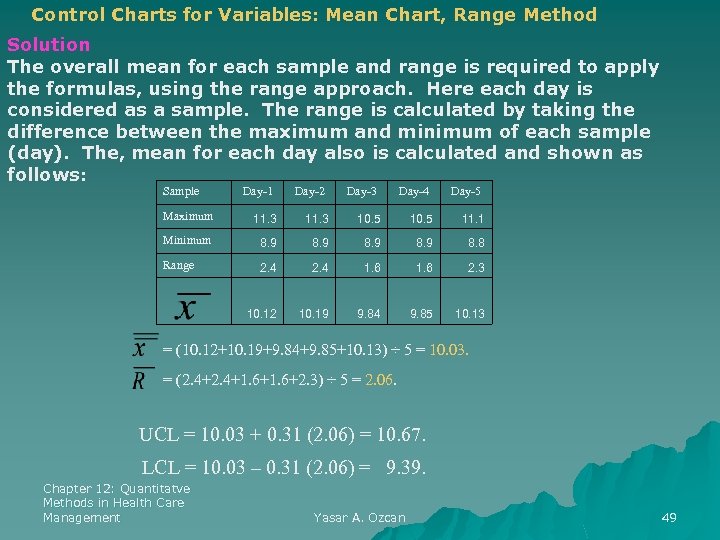 Control Charts for Variables: Mean Chart, Range Method Solution The overall mean for each