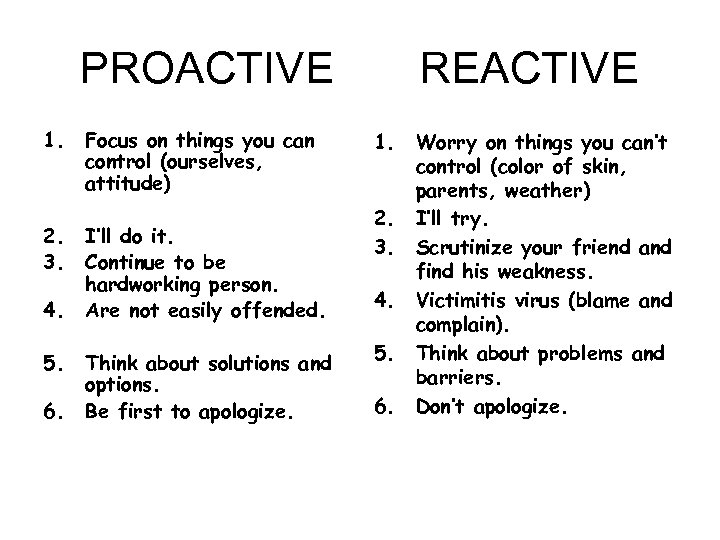 PROACTIVE REACTIVE 1. 2. 3. 4. 5. 6. Focus on things you can control