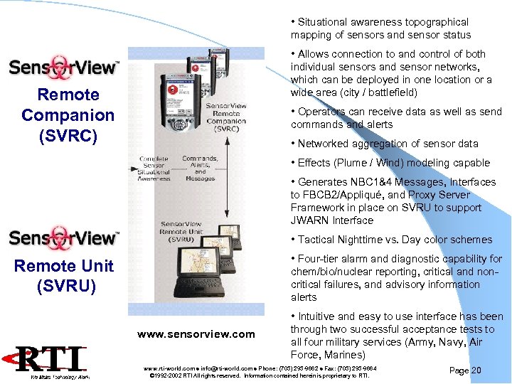  • Situational awareness topographical mapping of sensors and sensor status • Allows connection