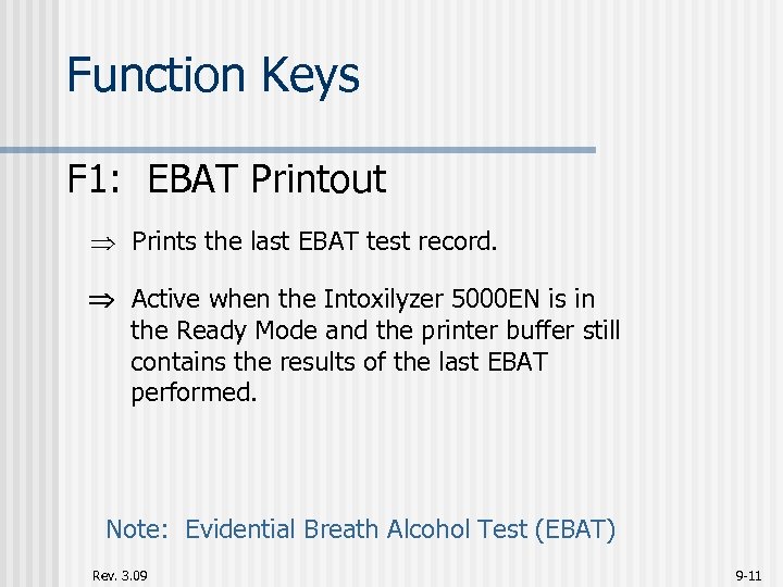 Function Keys F 1: EBAT Printout Prints the last EBAT test record. Active when
