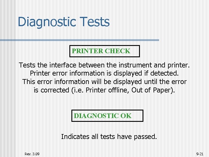Diagnostic Tests PRINTER CHECK Tests the interface between the instrument and printer. Printer error