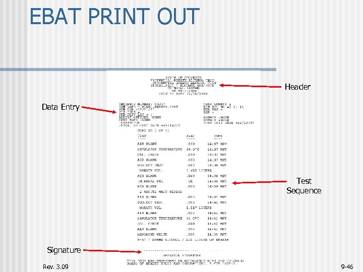 EBAT PRINT OUT Header Data Entry Test Sequence Signature Rev. 3. 09 9 -46