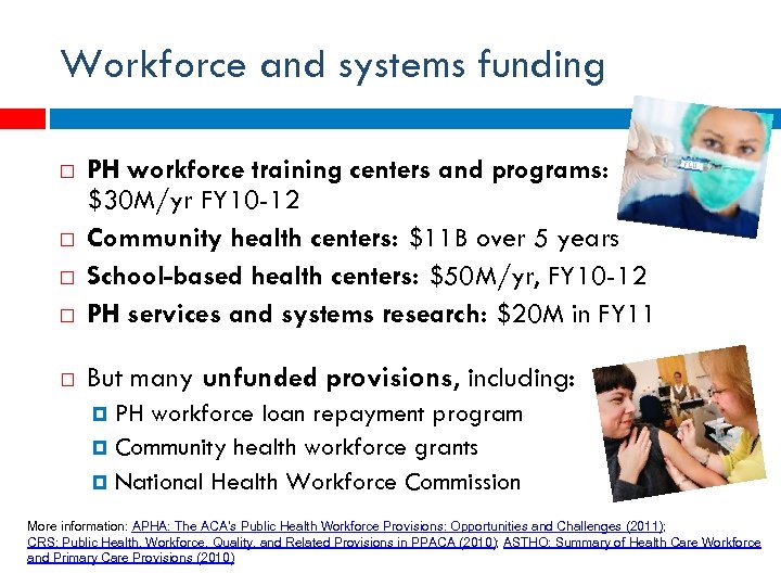 Workforce and systems funding PH workforce training centers and programs: avg $30 M/yr FY