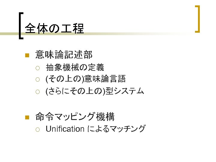 全体の 程 n 意味論記述部 ¡ ¡ ¡ n 抽象機械の定義 (その上の)意味論言語 (さらにその上の)型システム 命令マッピング機構 ¡ Unification