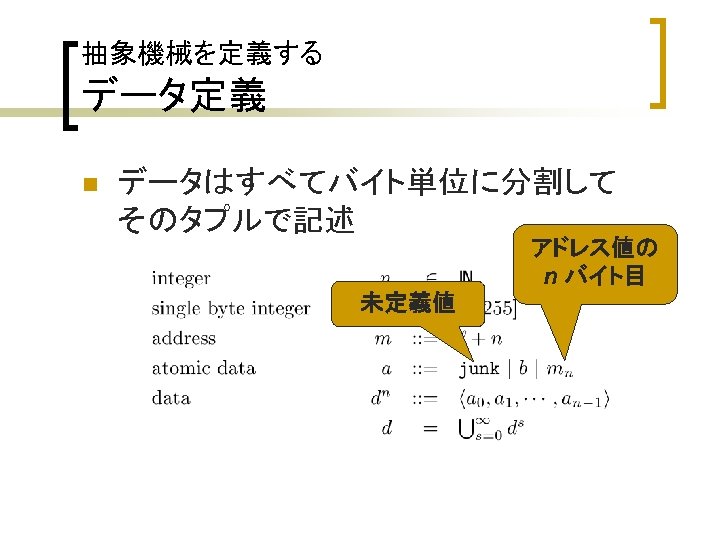 抽象機械を定義する データ定義 n データはすべてバイト単位に分割して そのタプルで記述 アドレス値の n バイト目 未定義値 