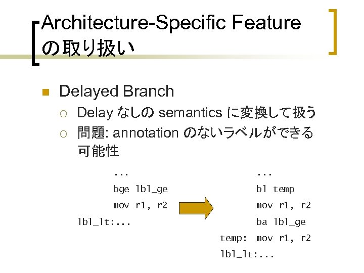 Architecture-Specific Feature の取り扱い n Delayed Branch ¡ ¡ Delay なしの semantics に変換して扱う 問題: annotation