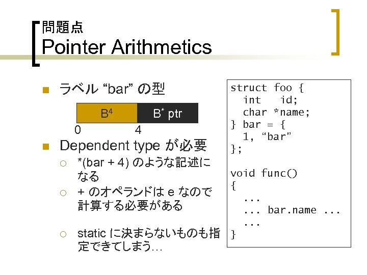 問題点 Pointer Arithmetics n ラベル “bar” の型 B 4 0 n B* ptr 4