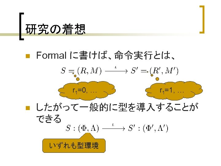 研究の着想 n Formal に書けば、命令実行とは、 r 1=0, … n r 1=1, … したがって一般的に型を導入することが できる いずれも型環境