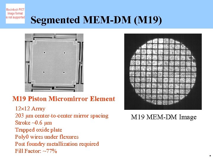 Segmented MEM-DM (M 19) M 19 Piston Micromirror Element 12 12 Array 203 m
