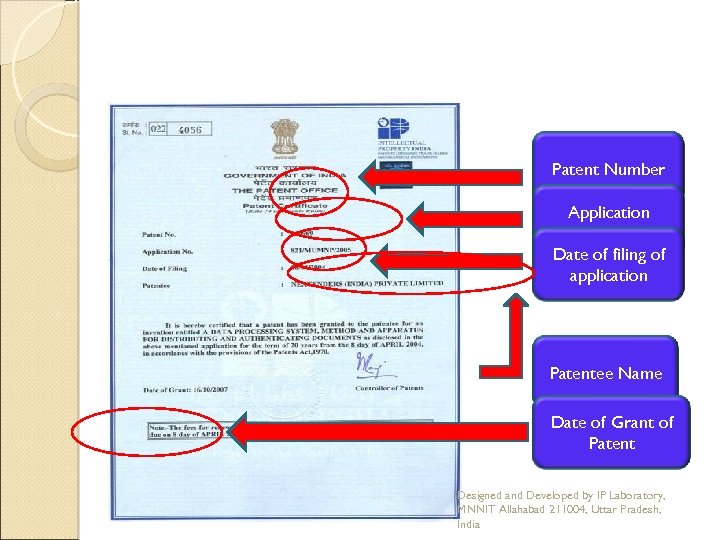 Patent Number Application Number Date of filing of application Patentee Name Date of Grant
