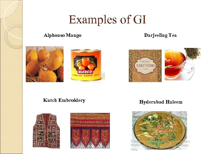 Examples of GI Alphonso Mango Kutch Embroidery Darjeeling Tea Hyderabad Haleem Designed and Developed