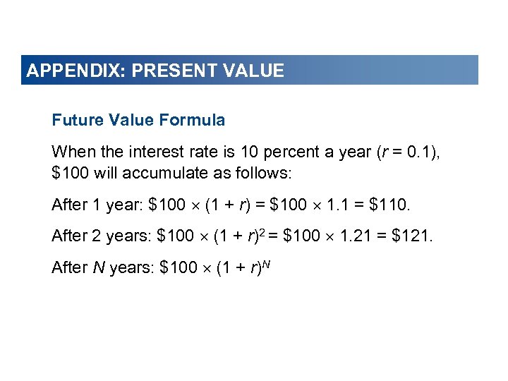 APPENDIX: PRESENT VALUE Future Value Formula When the interest rate is 10 percent a